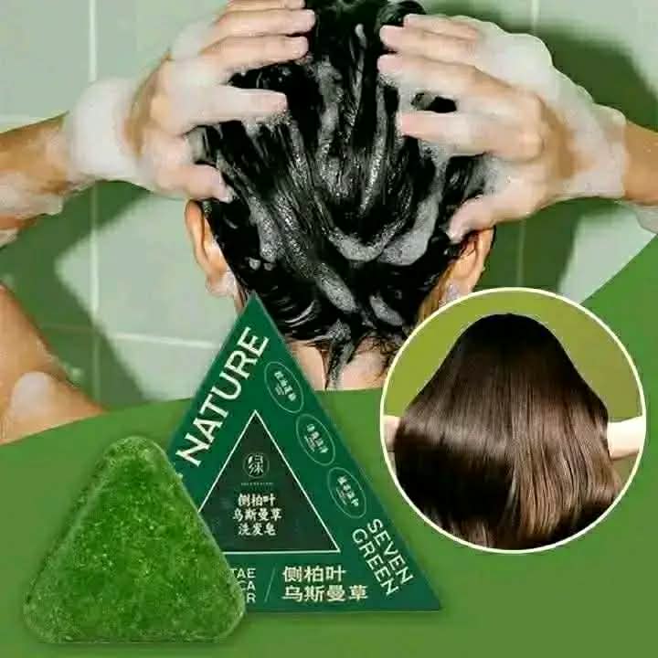 Seven Nature Green Herbal Shampoo Soap Bar - Triangle Anti-Hair Fall & Dandruff Treatment (Sulfate & Paraben Free)