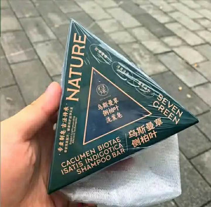 Seven Nature Green Herbal Shampoo Soap Bar - Triangle Anti-Hair Fall & Dandruff Treatment (Sulfate & Paraben Free)