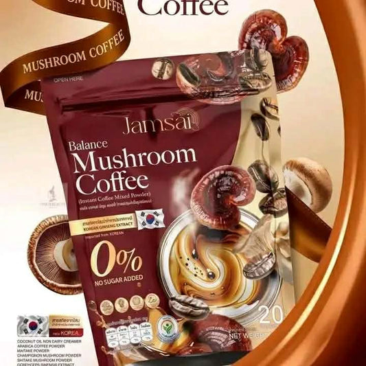 Jamsai Balance Mushroom Coffee with Korean Ginseng Extract - 0% Sugar Healthy Instant Coffee (20 Sachets)