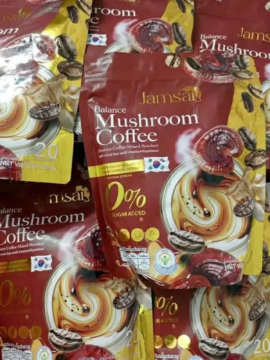 Jamsai Balance Mushroom Coffee with Korean Ginseng Extract - 0% Sugar Healthy Instant Coffee (20 Sachets)