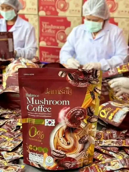 Jamsai Balance Mushroom Coffee with Korean Ginseng Extract - 0% Sugar Healthy Instant Coffee (20 Sachets)