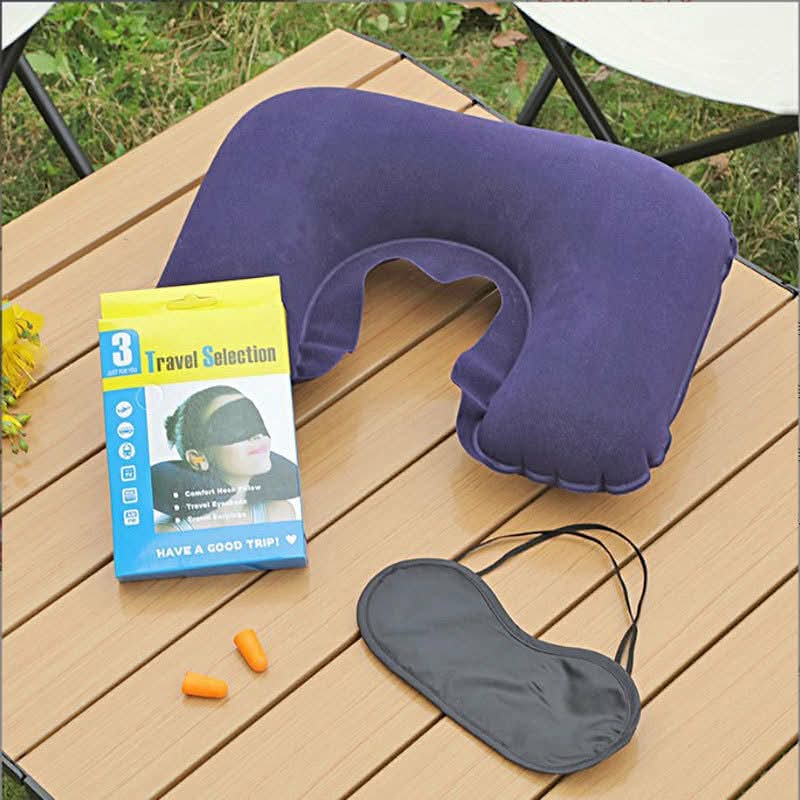 3-in-1 Inflatable Travel Neck Pillow Set - Portable U-Shaped Pillow with Sleep Eye Mask & Noise Cancelling Earplugs