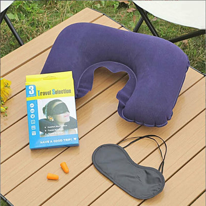 3-in-1 Inflatable Travel Neck Pillow Set - Portable U-Shaped Pillow with Sleep Eye Mask & Noise Cancelling Earplugs