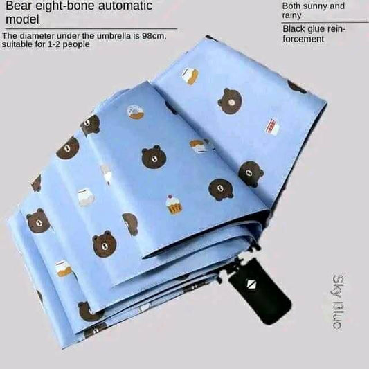 Premium 8-Ribs Automatic UV Protection Umbrella - Cute Cartoon Bear Print Windproof & Sun-Block Folding Umbrella
