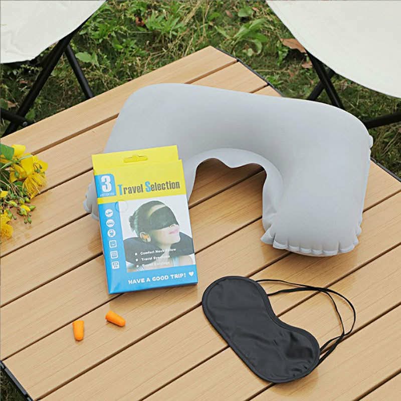 3-in-1 Inflatable Travel Neck Pillow Set - Portable U-Shaped Pillow with Sleep Eye Mask & Noise Cancelling Earplugs