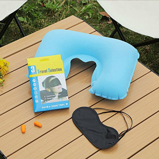 3-in-1 Inflatable Travel Neck Pillow Set - Portable U-Shaped Pillow with Sleep Eye Mask & Noise Cancelling Earplugs