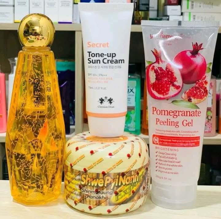 4-in-1 Ultimate Glass Skin Whitening Combo - Pomegranate Peeling Gel, Osufi Serum, Tone-Up Sun Cream & Thanaka Face Pack