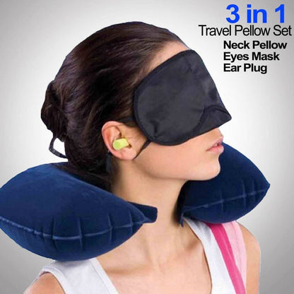 3-in-1 Inflatable Travel Neck Pillow Set - Portable U-Shaped Pillow with Sleep Eye Mask & Noise Cancelling Earplugs
