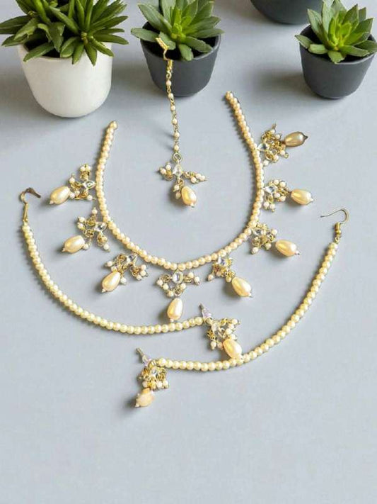 Elegant Traditional Pearl Jewelry Set - Complete Necklace, Maang Tikka & Hair Extension Set (Premium Quality)