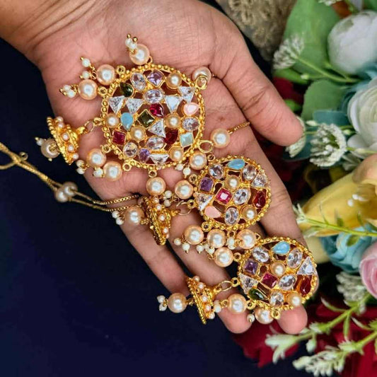 Elegant Traditional Multi-Color Stone & Pearl Necklace Set - Handcrafted Ethnic Jewelry with Matching Earrings