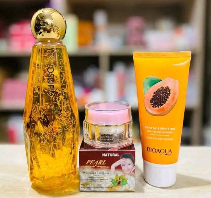 3-in-1 Skin Whitening & Deep Repair Combo - Bioaqua Papaya Cleanser, Original Osufi Serum & Pearl Night Cream