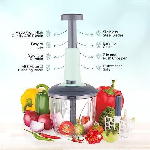 2 in 1 Manual Push Vegetable Chopper & Blender | Stainless Steel Kitchen Cutter | Easy Food Processor for Home Use