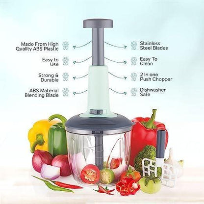 2 in 1 Manual Push Vegetable Chopper & Blender | Stainless Steel Kitchen Cutter | Easy Food Processor for Home Use
