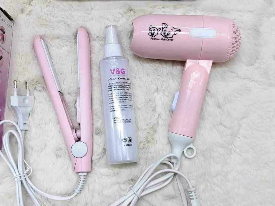 3-in-1 Ultimate Mini Hair Styling Combo - Portable Hair Dryer, 2-in-1 Mini Straightener & V&G Heat Protector Spray