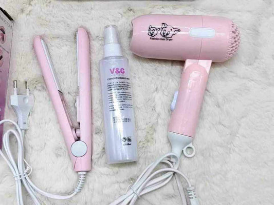 3-in-1 Ultimate Mini Hair Styling Combo - Portable Hair Dryer, 2-in-1 Mini Straightener & V&G Heat Protector Spray