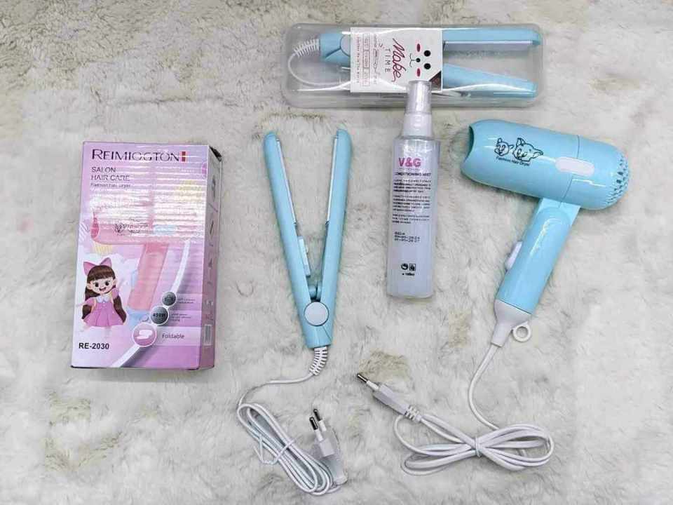3-in-1 Ultimate Mini Hair Styling Combo - Portable Hair Dryer, 2-in-1 Mini Straightener & V&G Heat Protector Spray