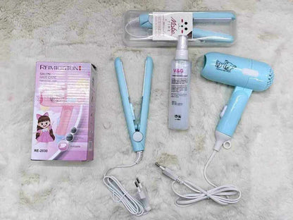 3-in-1 Ultimate Mini Hair Styling Combo - Portable Hair Dryer, 2-in-1 Mini Straightener & V&G Heat Protector Spray