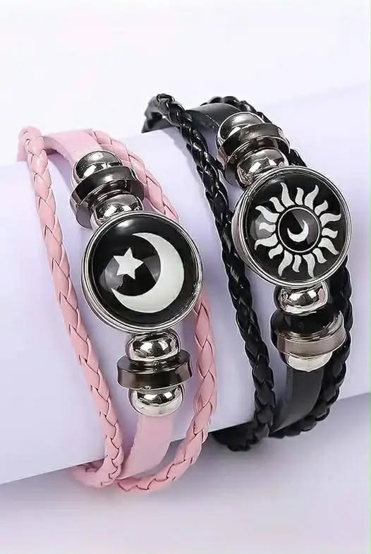 Trendy Sun & Moon Couple Bracelet Set - Premium Braided Leather Matching Bracelets for Lovers (Pink & Black)