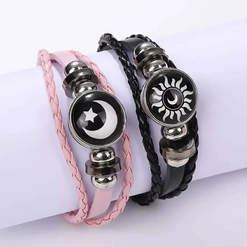 Trendy Sun & Moon Couple Bracelet Set - Premium Braided Leather Matching Bracelets for Lovers (Pink & Black)