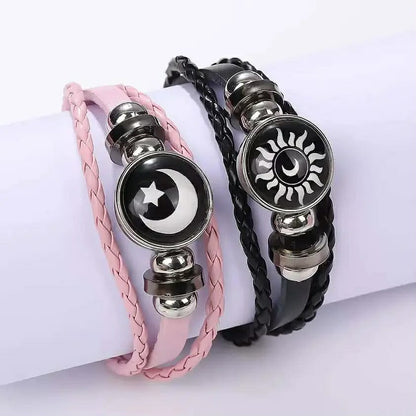 Trendy Sun & Moon Couple Bracelet Set - Premium Braided Leather Matching Bracelets for Lovers (Pink & Black)