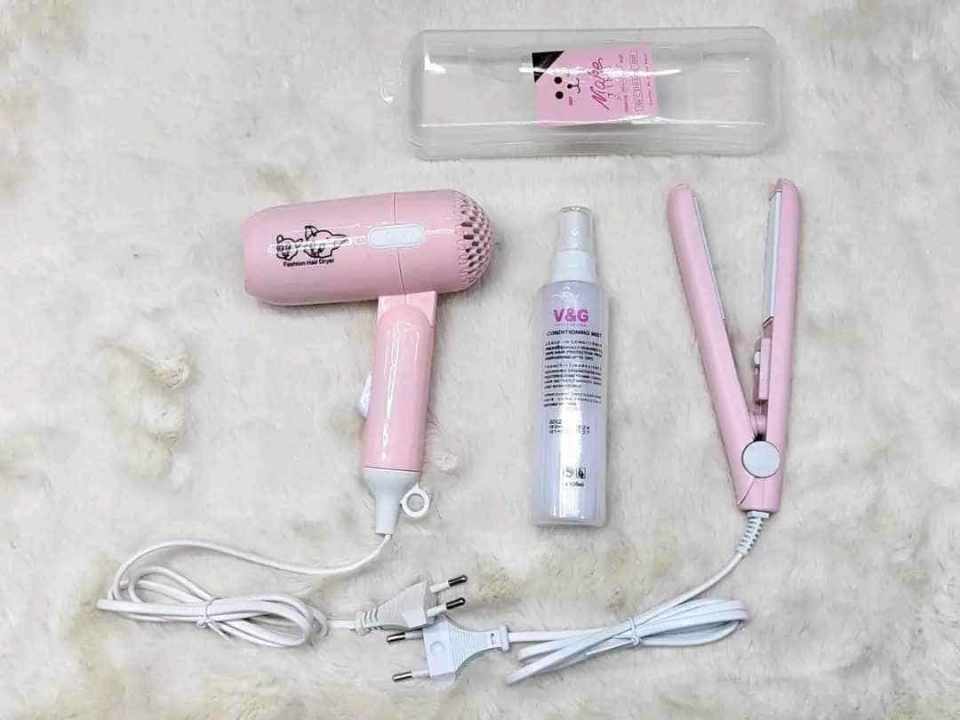 3-in-1 Ultimate Mini Hair Styling Combo - Portable Hair Dryer, 2-in-1 Mini Straightener & V&G Heat Protector Spray
