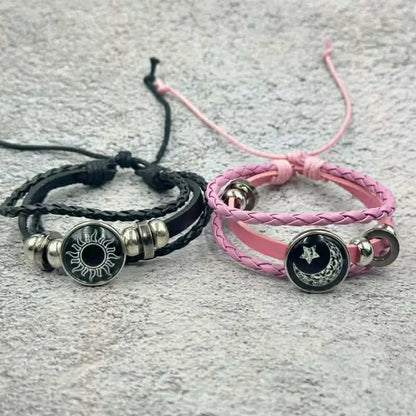 Trendy Sun & Moon Couple Bracelet Set - Premium Braided Leather Matching Bracelets for Lovers (Pink & Black)
