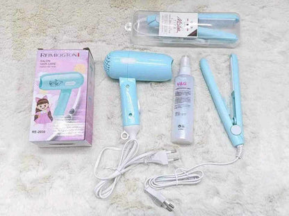 3-in-1 Ultimate Mini Hair Styling Combo - Portable Hair Dryer, 2-in-1 Mini Straightener & V&G Heat Protector Spray
