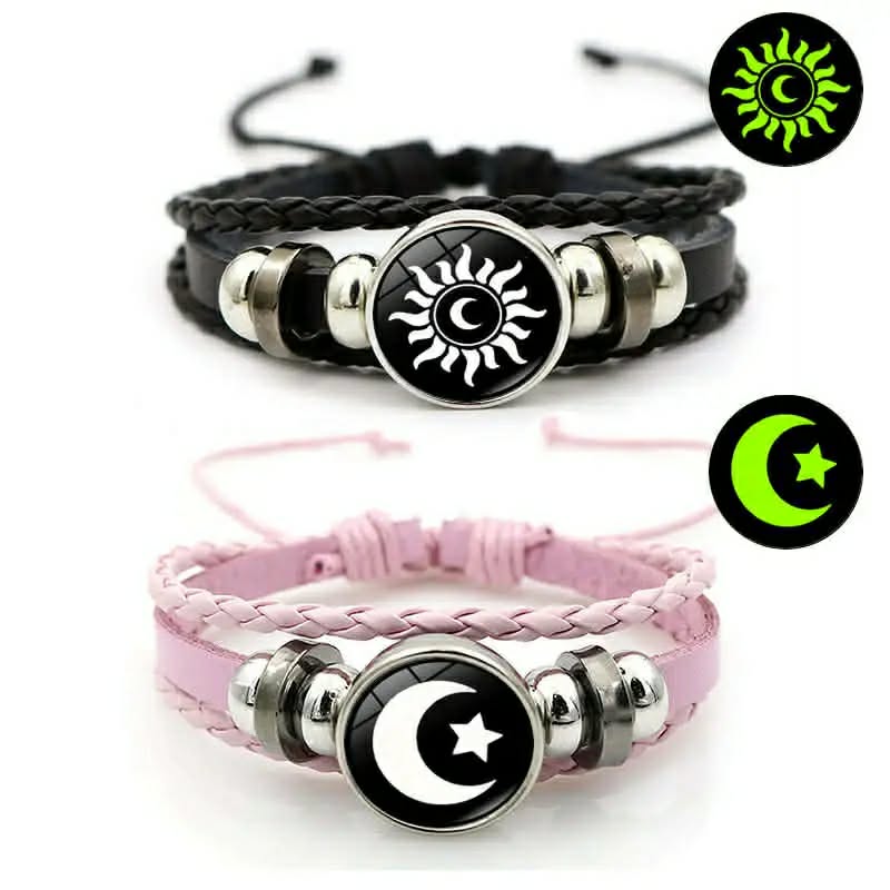Trendy Sun & Moon Couple Bracelet Set - Premium Braided Leather Matching Bracelets for Lovers (Pink & Black)