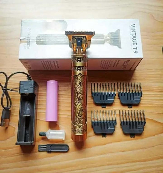 Vintage T9 Professional Hair Trimmer - All-Metal Cordless Hair Clipper & Beard Shaver for Men (Dragon Design)