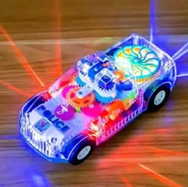 Transparent 3D Gear Police Car Toy for Kids - Battery Operated Electric Car with LED Lights, Music & 360° Rotation