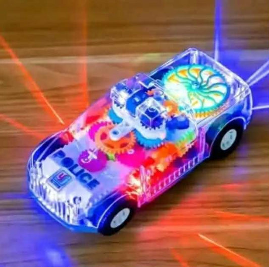 Transparent 3D Gear Police Car Toy for Kids - Battery Operated Electric Car with LED Lights, Music & 360° Rotation