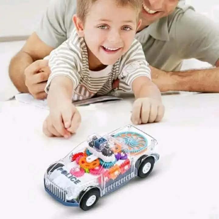 Transparent 3D Gear Police Car Toy for Kids - Battery Operated Electric Car with LED Lights, Music & 360° Rotation