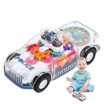 Transparent 3D Gear Police Car Toy for Kids - Battery Operated Electric Car with LED Lights, Music & 360° Rotation