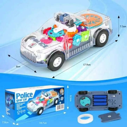 Transparent 3D Gear Police Car Toy for Kids - Battery Operated Electric Car with LED Lights, Music & 360° Rotation