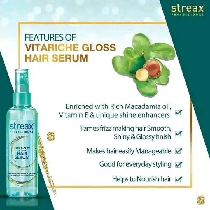 Streax Professional Vitariche Gloss Hair Serum (115ml) - Enriched with Macadamia Oil & Vitamin E for Instant Shine & Frizz Control