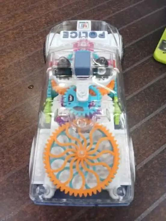 Transparent 3D Gear Police Car Toy for Kids - Battery Operated Electric Car with LED Lights, Music & 360° Rotation
