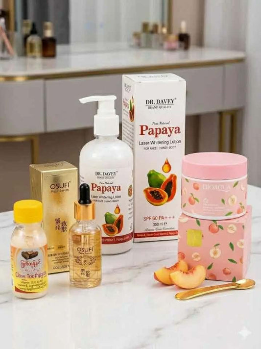 Ultimate 4-in-1 Glow & Hygiene Bundle - Dr. Davey Papaya Whitening Lotion, Osufi Gold Serum, Bioaqua Peach Extract & Herbal Clove Toothpaste