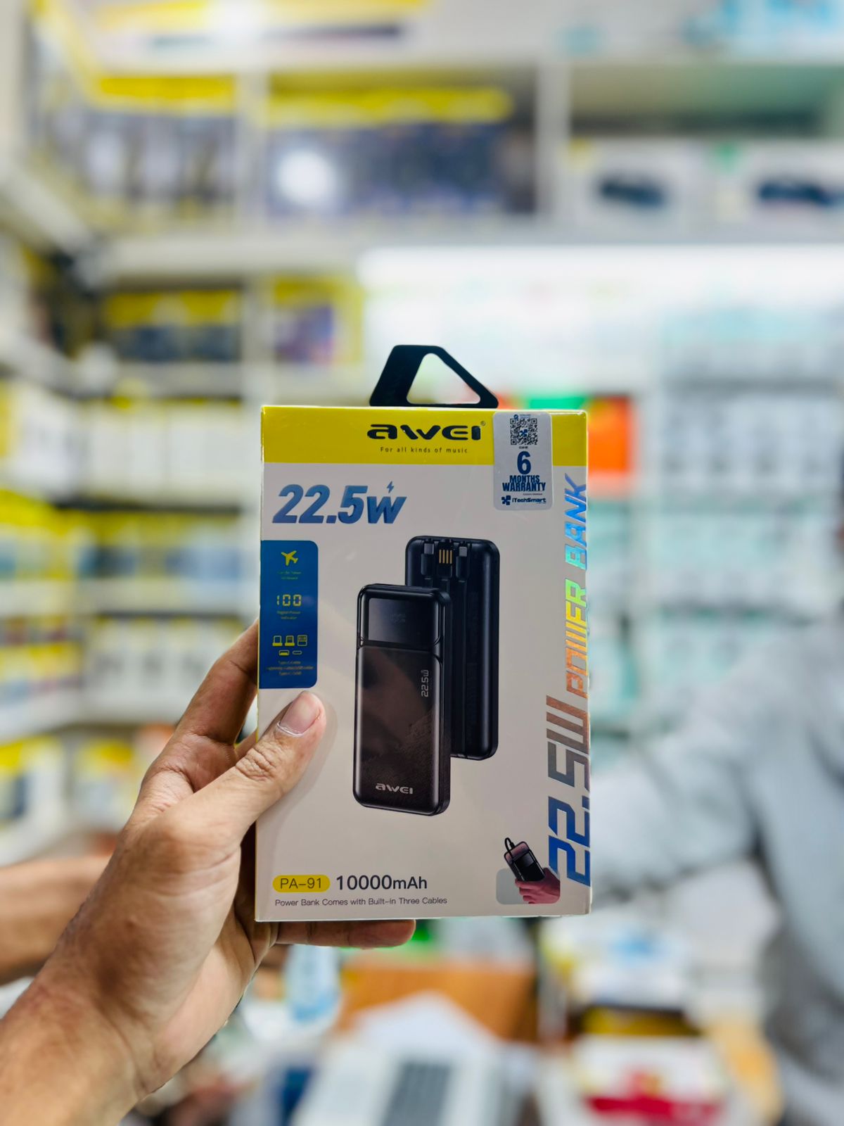 Awei PA-91 10000mAh Super Fast Charging Power Bank (22.5W) - Built-in 3 Charging Cables with LED Display & 6 Months Warranty