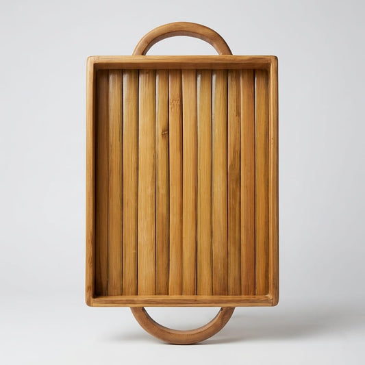 Premium Handmade Eco-Friendly Slatted Bamboo Serving Tray - Elegant Rectangular Breakfast & Tea Tray with Sturdy Curved Handles