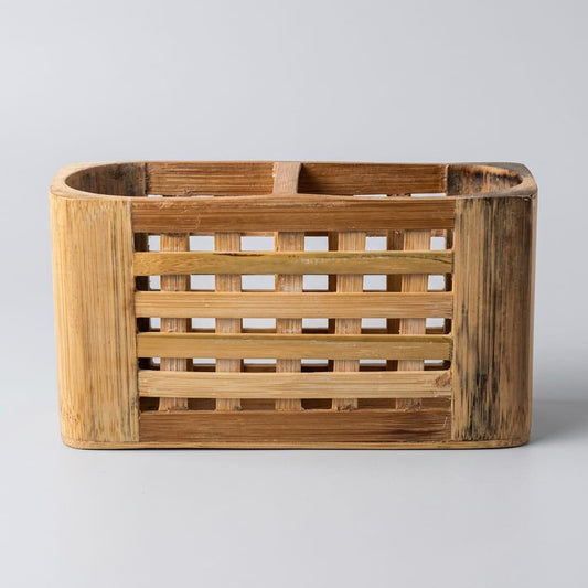 Premium Handmade Eco-Friendly Bamboo Cutlery & Stationery Holder - Dual Compartment Multipurpose Desktop Organizer & Kitchen Tool Caddy