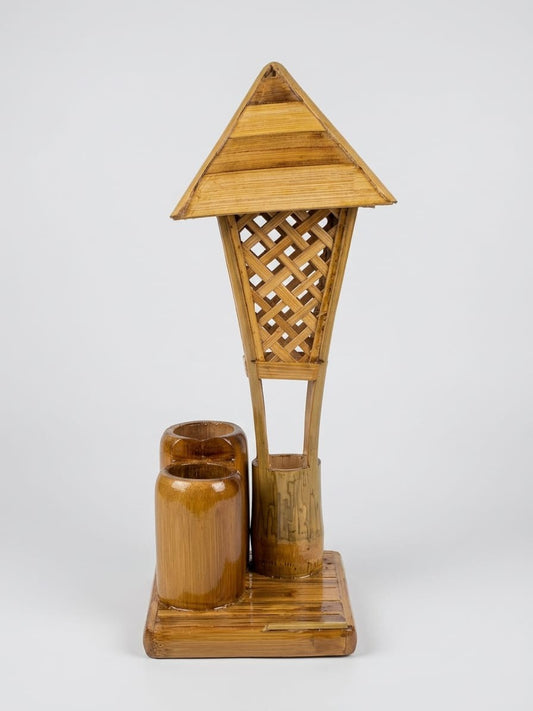 Premium Handmade Bamboo Pen Holder & Desktop Organizer - Traditional Hut Style Decorative Stationery Stand for Home & Office
