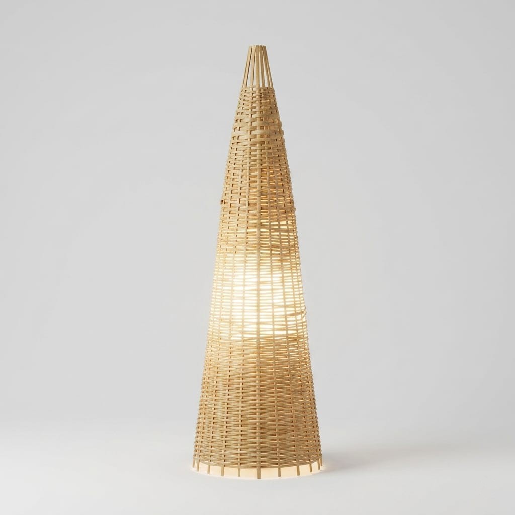 Premium Handmade Woven Bamboo Cone Floor Lamp - Aesthetic Conical Light Tower for Luxury Home, Living Room & Cafe Decor