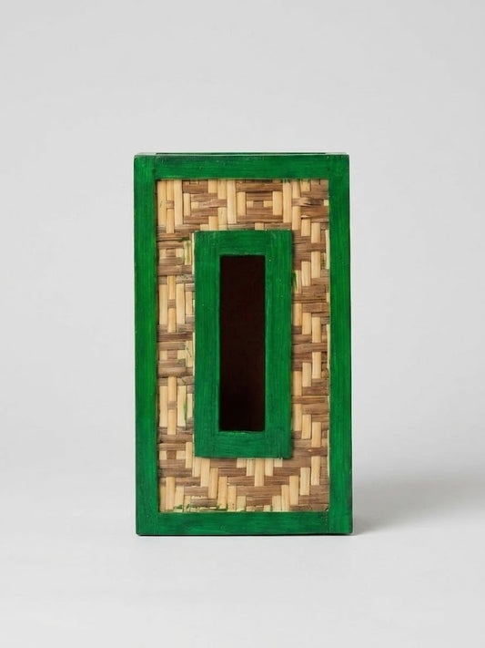 Handmade Eco-Friendly Woven Bamboo Tissue Box Holder - Green Border Traditional Decorative Tissue Dispenser for Home & Office