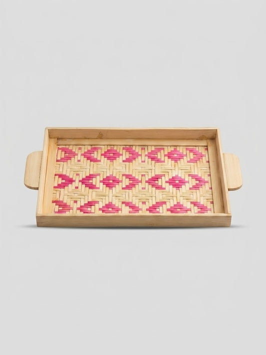 Premium Handmade Woven Bamboo Serving Tray - 10x15 Inch Eco-Friendly Rectangular Tray with Traditional Pink Patterned Design