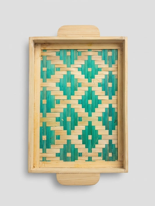 Premium Handmade Green Woven Bamboo Serving Tray - 10x15 Inch Eco-Friendly Rectangular Tray with Traditional Geometric Design