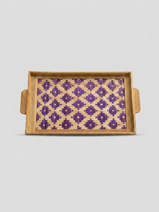 Premium Handmade Purple Woven Bamboo Serving Tray - 10x15 Inch Eco-Friendly Rectangular Tray with Traditional Artistic Pattern